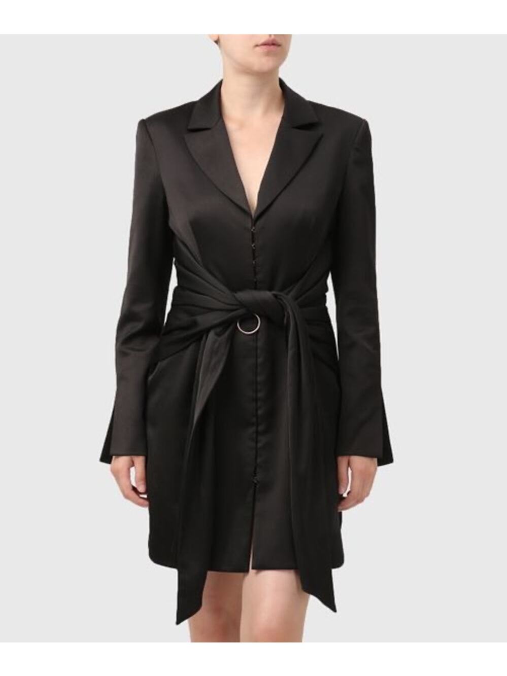 Misha Teagan Black Long Sleeve Blazer Collar Tie Waist Satin Mini Dress Size 10